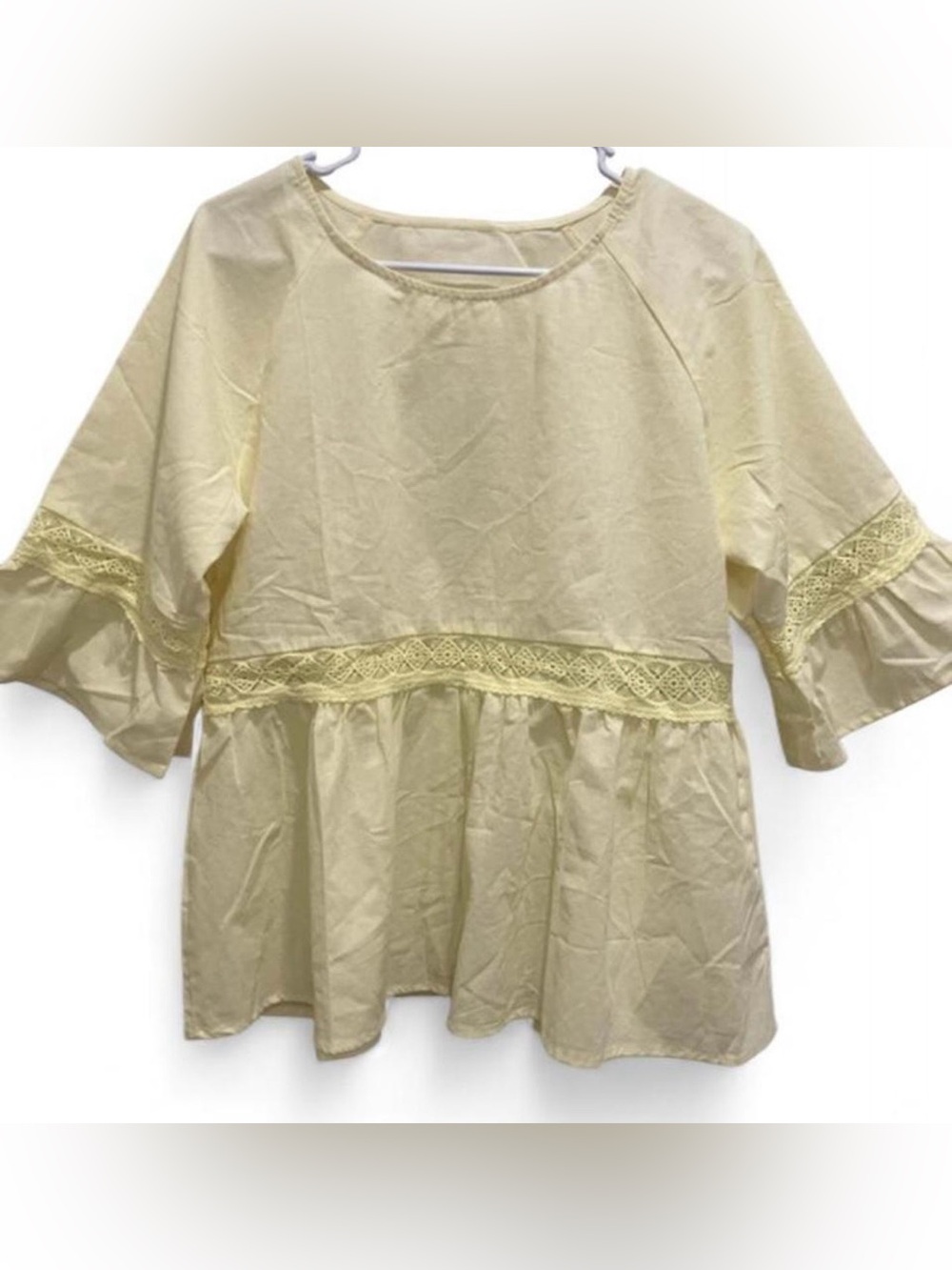 Women’s Lace-Trim Peplum Blouse in Pale Yellow
